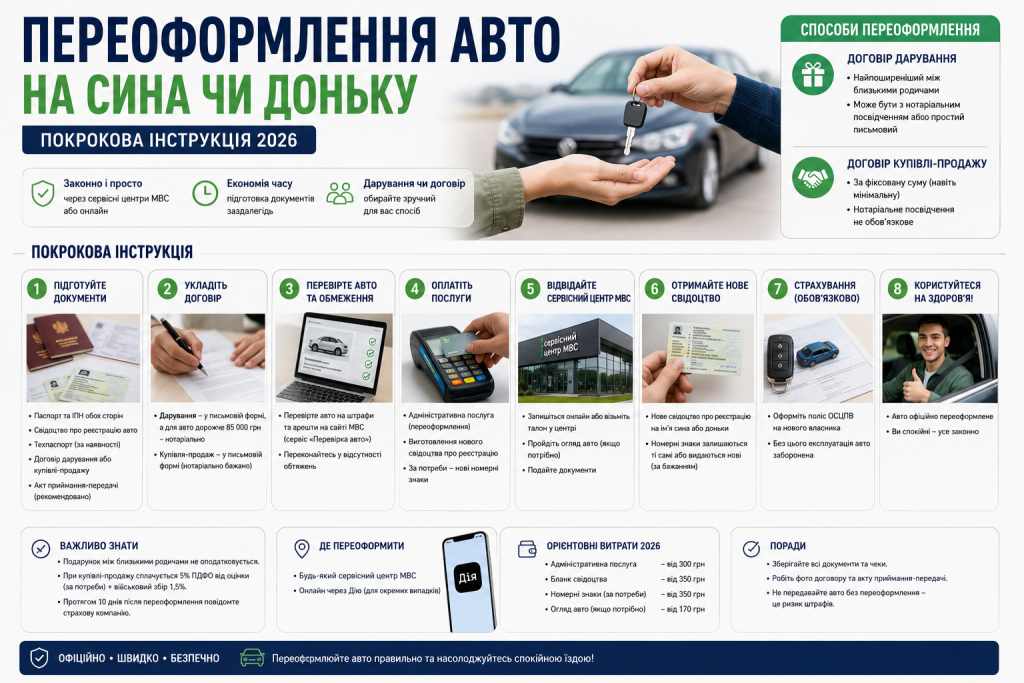 Покрокова інфографіка про переоформлення автомобіля на сина або доньку в Україні