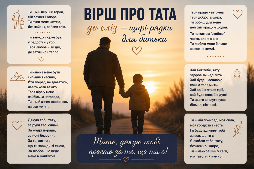 Інфографіка зі щирими українськими віршами про тата на тлі батька із сином